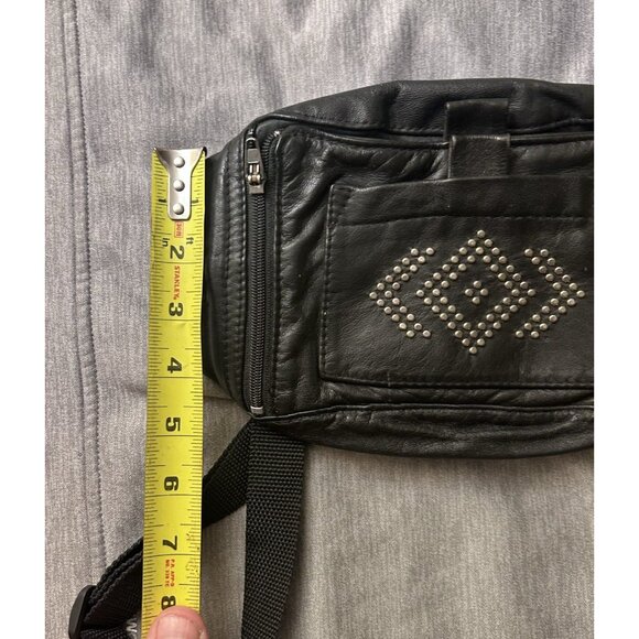 Vintage Leather Studded Belt Bag Unisex Zipper Pockets Travel Bag Black - Picture 8 of 9